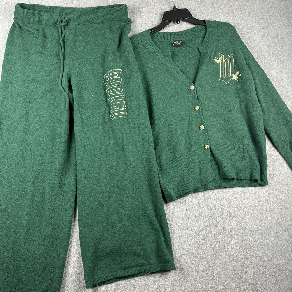 Wicked Sweater Pants Set Womens Large Green Knit Cardigan Embroidered Wicked